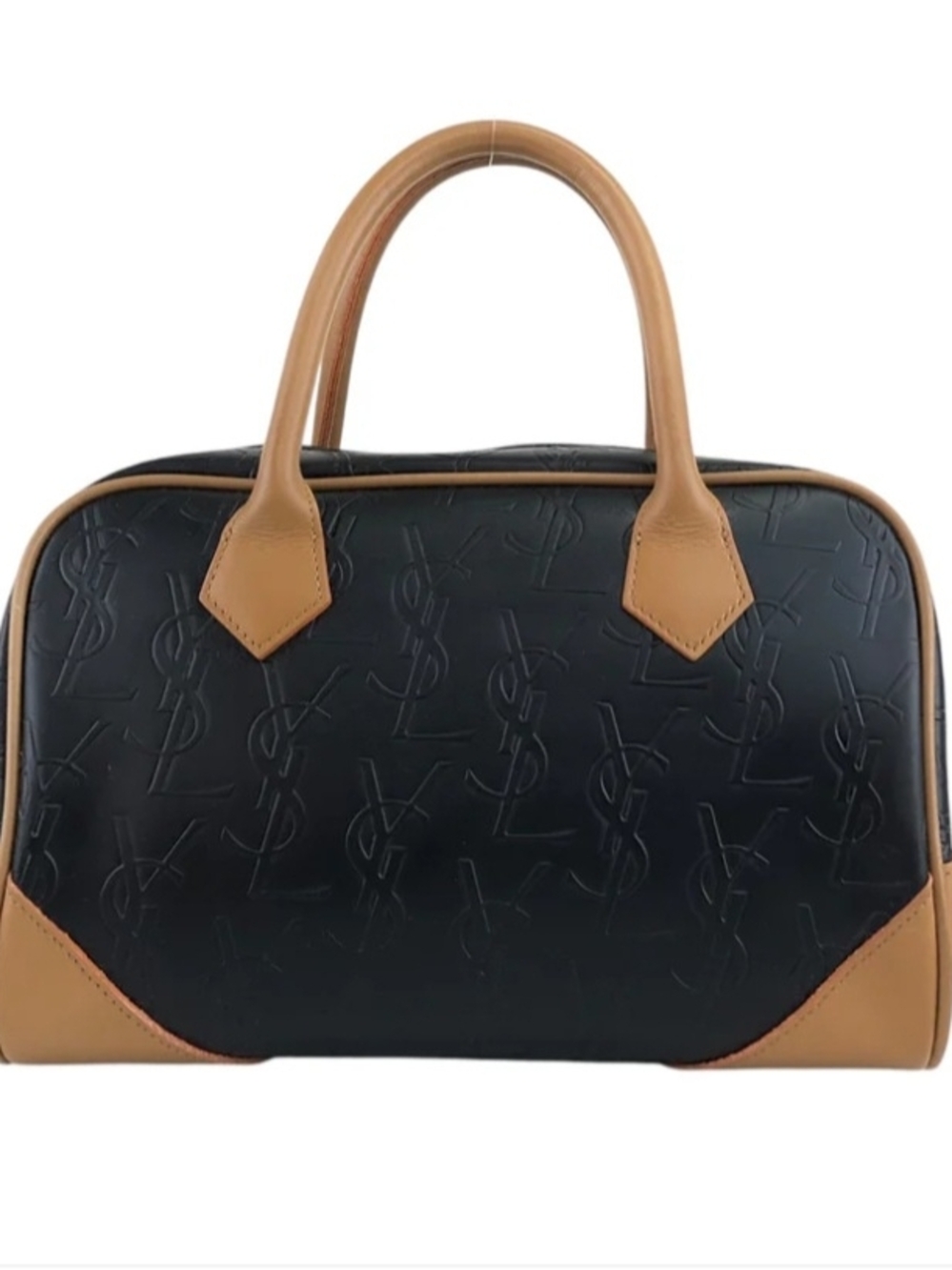 Saint Laurent Black Leather Embossed YSL Bowling Bag with Tan Trim